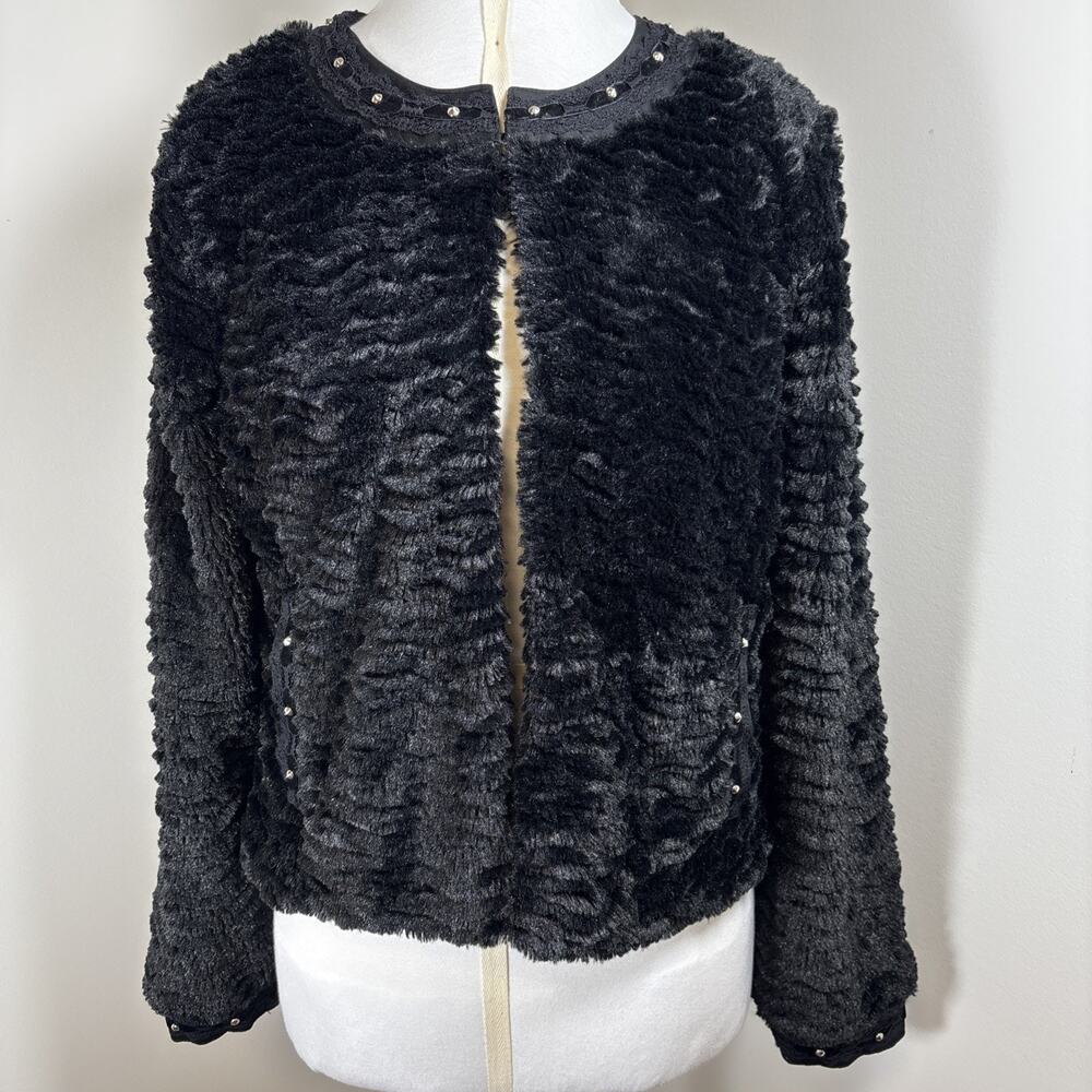 Democracy Black Textured Faux Fur Stud Velvet Lace Jacket Steampunk Mob Wife L